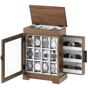 12-Slot Watch Box with Flip-Top Storage, Wooden Watch Case with Acrylic